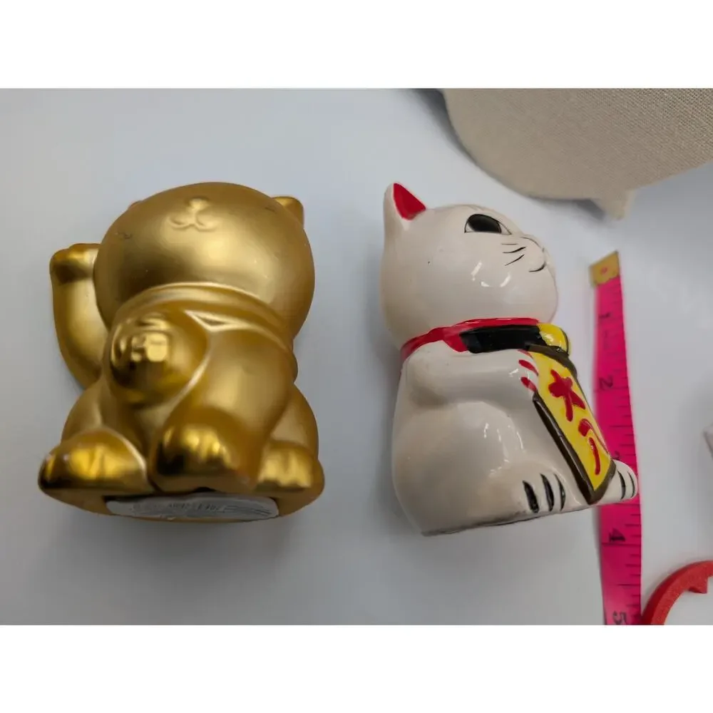 Pair Maneki-Neko Lucky Cat Piggy Bank Figurines Gold & White Ceramic Daiso READ
